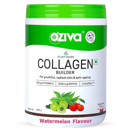 OZiva Vegan Collagen Supplement (Watermelon) for Skin, Hair & Nails, Plant-Based Collagen Peptides Supplement for Men & Women, Non-GMO, No Sugar Added, Powder, 200g
