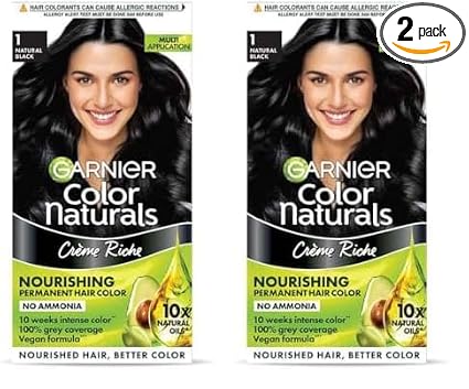 Garnier, Hair Colouring Creme, Long-lasting Colour, Smoothness & Shine, Color Naturals, Shade: 1 Natural Black, 70ml + 6