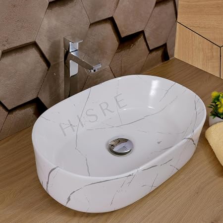 HISRE Table Top Wash Basin For Bathroom | Over Counter Top Wash Basin For Living Room | Washbasin Countertop | Tabletop Ceramic Bathroom Kitchen Sink (20 x 13 x 5.5 Inch) (SKTB1304)