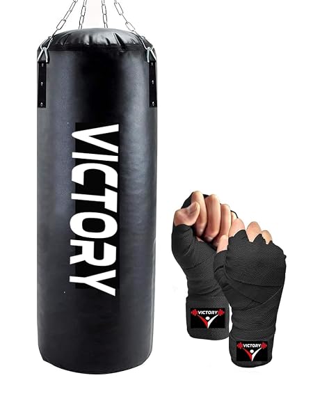 VICTORY Heavy Synthetic Leather Boxing Punching Bag, Hand Wrap, Stainless Steel Hanging Chain