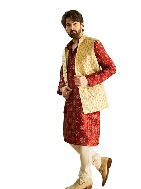 Buy SOJANYA (Since 1958 Men's Silk Blend Maroon Kurta & Cream Pyjama With Beige Embroiderd Nehrujacket at Amazon.in
