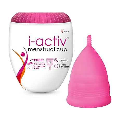 i-activ Menstrual Cup, Free Sterilizer Case, Rash-Free, Leak-Free & Ultra Soft Period Cups For Women, 100% Medical Grade Silicone, 8-10 hrs protection, Medium