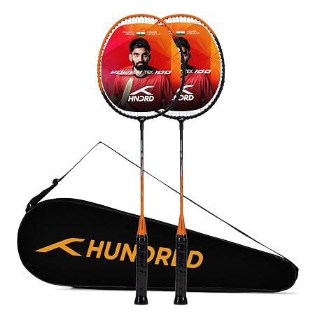 Hundred Aluminium Powertek 100 (Set of 2) Badminton Racket with Full Cover (115G, Black/Orange)
