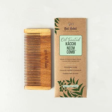 Nat Habit Kacchi Neem Wooden Comb, Soaked In 13 Herbs, Neem & Sesame Oil For Men & Women Daily Styling & Detangling (Fine Tooth Small Size) Pack of 1
