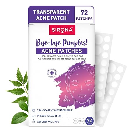 Sirona Pimple Patches – 72 Dots | 0.5% Salicylic Acid | Invisible Facial Stickers Cover with 100% Hydrocolloid Waterproof Patches | Active Surface Acne | Anti Acne patch for face