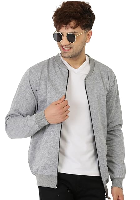 LEOTUDE Full Sleeve Solid Regular Fit Bomber Loopknit Jacket for Men