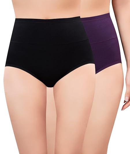 PLUMBURY Women High Waist Cotton Underwear Full Brief Panty, Size M to XXL (Pack of 2 Panty) Black/Purple
