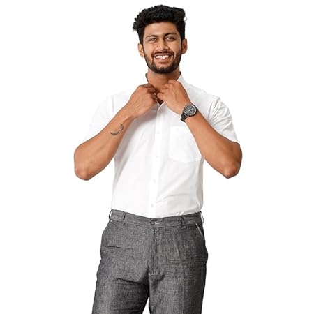 RAMRAJ COTTON Men Solid Half Sleeves Formal White Shirt