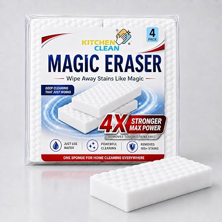 Kitchen Clean Magic Eraser Sponge Pack of 4, 4X Stronger Stain Remover Scrub Sponge for Wall, Switch Boards, Countertops, Stove, Tiles, Taps & Home Cleaning, No Added Chemicals