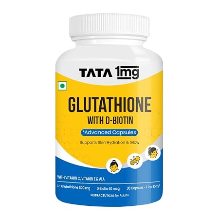 TATA 1MG 1MG Tata Glutathione Advanced Capsule with Vitamin C E Biotin Grape Seed Extract For Skin Glow Hydration Radiance Pack of 30 Tablets