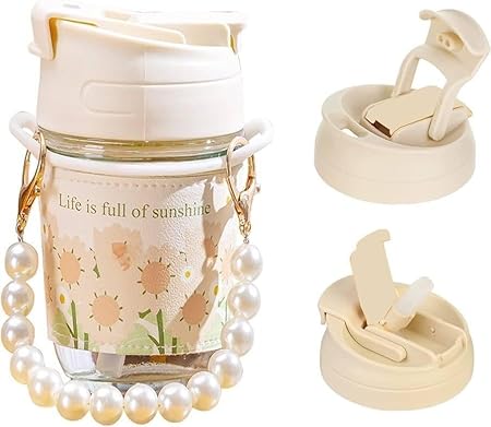 KELVEE Glass Coffee Tumbler with Lid and Straw Pack of 1, Milk Mug with Pearl Chain Belt & Leather Grip Reusable Travel Sipper Cute Mugs for Girls for Juice Smoothies iced Tea Cups, 350 Ml (Ivory)