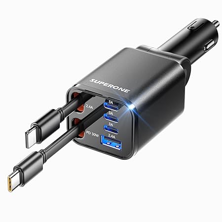 SUPERONE 120W Retractable Car Charger, 4-in-1 Ultra-Fast Car Mobile Charging Station with Built-in Type-C & iOS Compatible Devices, 180° Rotating Adjustable Design with Dual USB Ports & LED Light