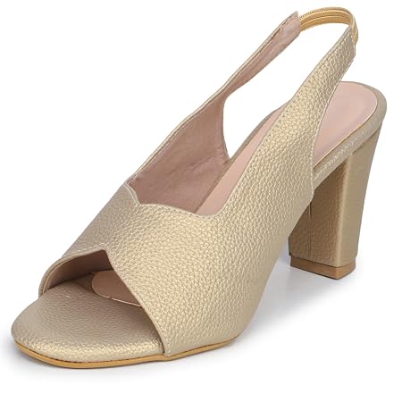TRASE Women Ankle Strap Block Heels Sandals| Fashionable Sandals for Women & Girls | Light weight, Soft Footbed, Comfortable & Stylish - 47067, Golden, 5 UK