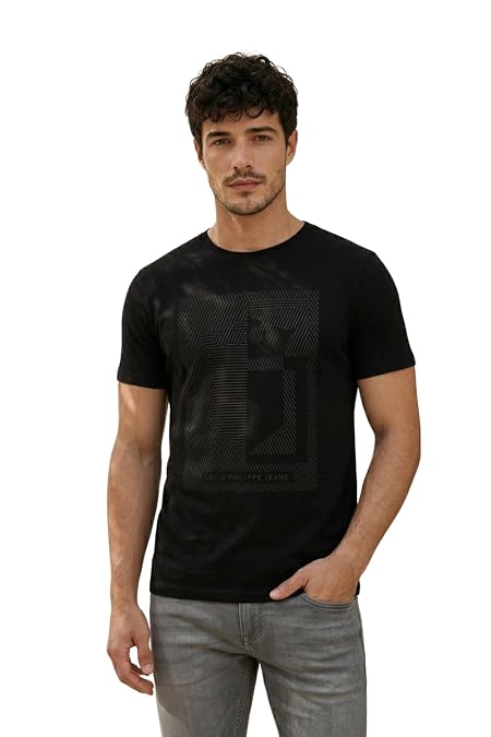 Louis Philippe Men Black Graphic Print Crew Neck T-Shirt
