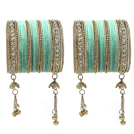 ZENEME Gold-Plated Matte Finish Velvet American Diamond Studded Gold Pearl Tasselled Bangles Set Of 56 For Girls and Wom
