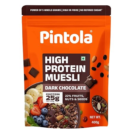 Pintola 25g High Protein Dark Chocolate & Cranberry Muesli 400g, No Refined Sugar, Trans Fat Free, High Fibre, Gluten-Fr