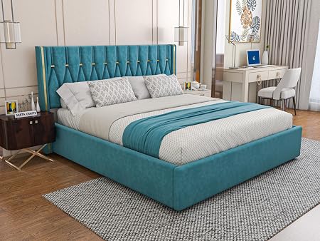 SABTA Modern Upholstered King Size Bed with Box Storage for Bedroom | Wooden Double Bed with Storage | Platform Cot Bed with Upholstery Premium Fabric | 6.5 x 6 Ft | Sheesham Wood, (Turquoise Blue)