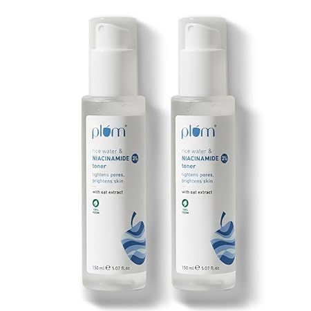Plum 3% Niacinamide & Rice Water Face Toner | With Rice Ferment Extract | Alcohol-Free Toner | Fades Blemishes, Brightens Skin | Smoothens Skin | Fragrance-Free | 100% Vegan | 150 ml (Pack of 2)
