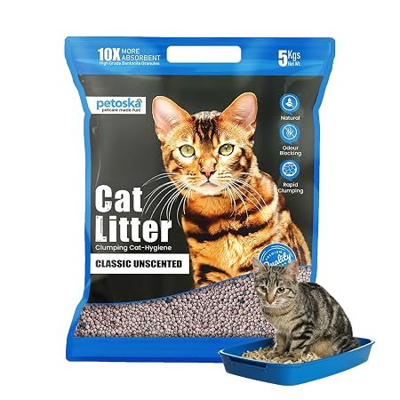 Petoska Cat Litter 5kg, 100% Natural Bentonite Clay, Rapid Clumping, Odour Lock, Low Dust, Gentle on Paws, Premium Absorbent Cat Litter for All Breeds