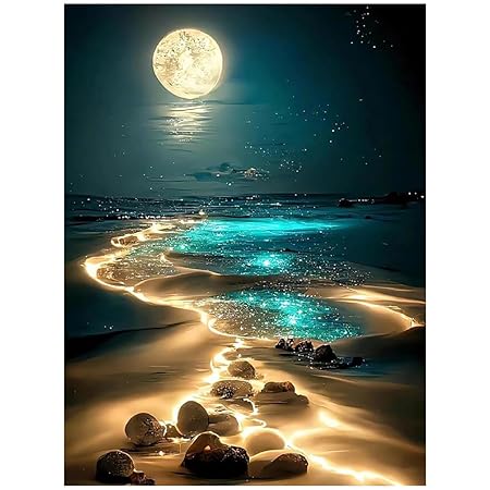HASTHIP Diamond Painting Kit, Dreamy Beach Moonlit Night, 5D, 12 × 16 Inch