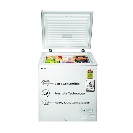 Haier HFC-145SM5, 5 Star Rating, Single Door Convertible Deep Freezer, Inside Metal Liner with Deo Fresh Technology, Compact Design & Removable Gasket (White 102L)