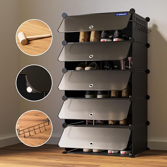 BOXJOY 5 Shelf Shoe Rack with 5 Doors, Steel Holder & Wood