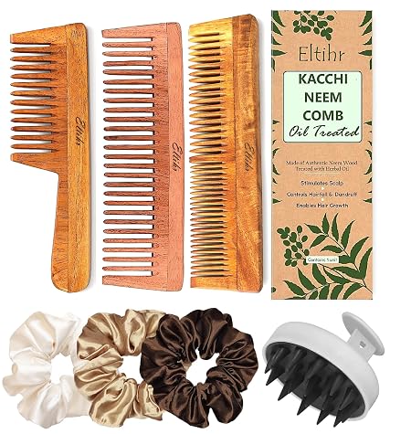 Eltihr Pack Of 7 Kacchi Neem Comb, Wooden Comb for Hair Growth and Dandruff Control