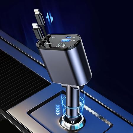 120W Fast Car Charger (2025 New Version) with 80CM Retractable Type-C & 30-pin Port Cables – Simultaneous Charging for 4