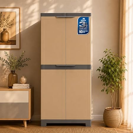 Nilkamal Freedom Big FMM Plastic Cabinet | 3-Year Warranty | 4-Shelf Storage Cupboard with Doors | Multi Organizer for Home, Wardrobe, and Kitchen | Clothes Rack, Shelves, Almirah (Sandy & Dark Brown)