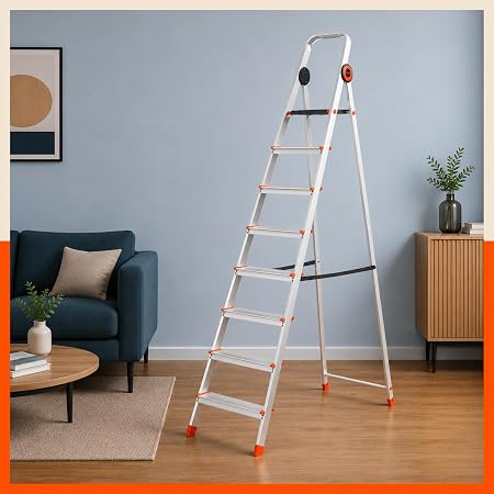 Bathla Advance Pro 8-Step Foldable Aluminium Ladder for Home | Heavy-Duty & Anti-Slip Steps with Sure-Hinge Technology | 7-Year Manufacturer Warranty | Orange