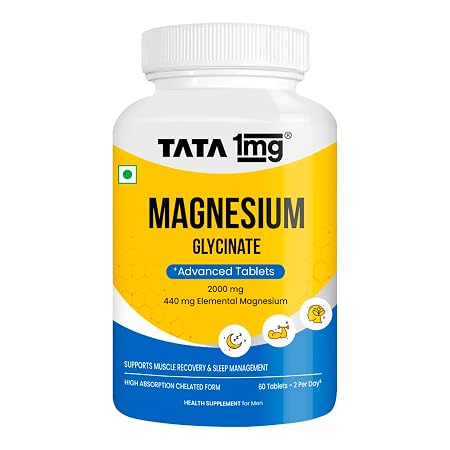 Tata 1mg Magnesium Glycinate Tablets, 2000mg, High Absorption Chelated form for Muscle Recovery, Sleep & Nerve Health, 2