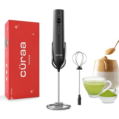 CÜRAA Milk Frother for Coffee, Rechargeable, 3-Speed Electric Frother with Stand, Handheld Coffee Beater for Lattes, Cappuccino & Hot Chocolate, By Chef Sanjyot Keer