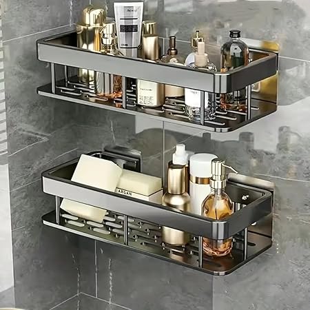 Hallstatt Self Adhesive Bathroom Shelf for Wall Shelf Organizer Wall Mounted Bathroom Shelves Rack Holder Stand for Bathroom Accessories Organiser Without Drill and with Drill - Pack of 2