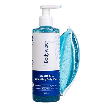 Be Bodywise 5% AHA BHA De-Tan Exfoliating Body Wash 250ml, For Body Acne, Strawberry Skin, De-Tan, with Lactic, Salicyli