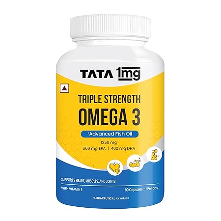 TATA 1MG Triple Strength Omega 3 Fish Oil Supplement - 1250 Mg in 1 Capsule | 560 Mg EPA & 400 Mg DHA | For Faster Muscl