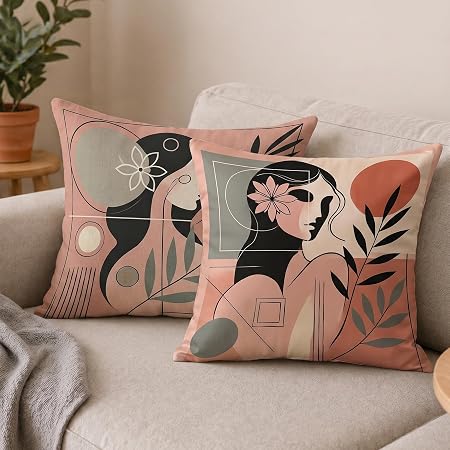 STITCHNEST Satin Cushion Covers Abstract Woman Art Print, 16x16 Inch, Modern Aesthetic Cushion Cover for Living Room (Pa