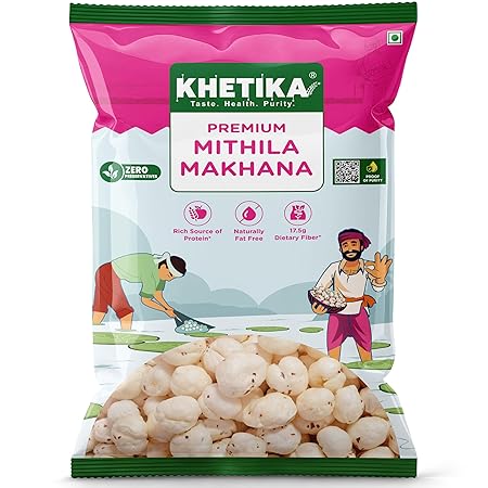 Khetika Premium Mithila Makhana 200g, Fit for Fasting, Foxnuts, Premium Lotus Puffs Seeds, Rich in Calcium, Natural & Crunchy, Direct from Farm, Pesticide Free