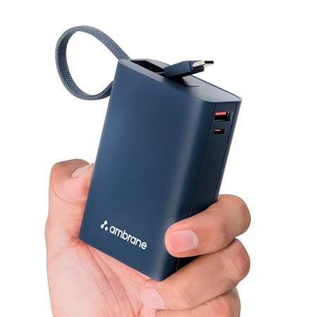 Ambrane 20000mAh Pocket Size Power Bank with Inbuilt Type-C Cable