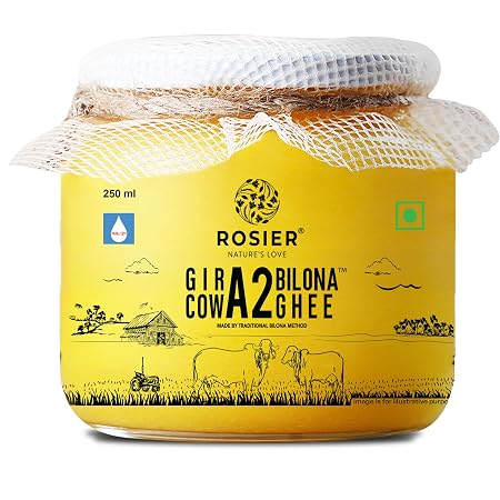 ROSIER A2 Gir Cow Ghee (250 ml), Traditional Bilona Method A2 Cow Ghee, Grassfed, Pure and Healthy Desi Cow Ghee, Glass Bottle