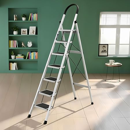 Plantex Ladder for Home 7 Steps/Foldable Ladder with Anti-Skid Wide Steps (30L x 20W cm)/Strong D-Shape Pipe with X-Supp