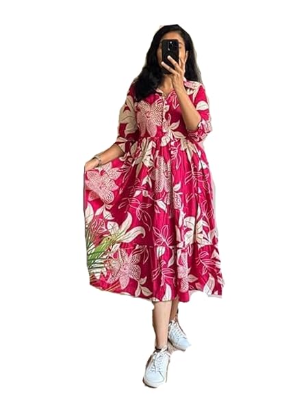 ROYALICA Women's Pure Cotton Maxi Midi Dress, Western Dress for Women