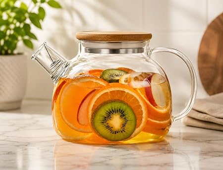 ZROY ENTERPRISE 1L Borosilicate Glass Transparent Teapot | Stovetop Kettle with Bamboo Lid and Removable Filter Spout | Perfect for Tea and Coffee (ZROY - 08)