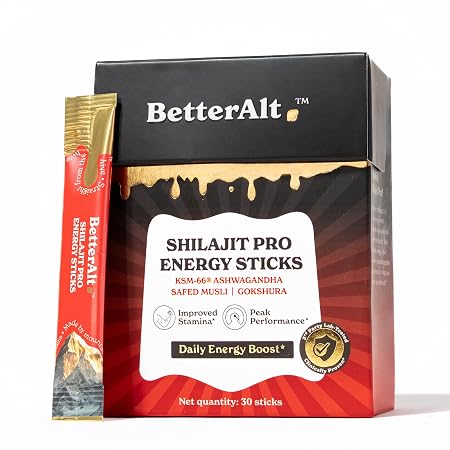 BetterAlt Energy Pro Energy Sticks | Natural Energy Booster with Shilajit, KSM-66 Ashwagandha, Safed Musli & Gokshura |30 Sticks| For Men & Women