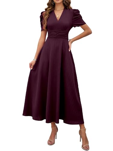 Shasmi Girl's & Women's Magenta Solid Color V-Neck A-Line Maxi Dress for Women | New Year Party Outfit | Waist Cinched P