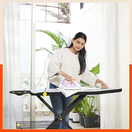 Bathla X-Pres Ace Ironing Board | Foldable & Height Adjustable | Table with Iron Holder & Wire Manager | Quick Pressing with Aluminised Table Cover | 2 Year Warranty | Black & Yellow