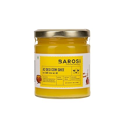 BAROSI A2 Desi Cow Ghee 180ml, Lab Tested, Grass-Fed, Bilona, Glass Jar