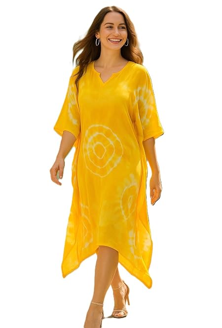 Maaesa Women Yellow Handcrafted Tie-Dye Rayon Loose Fit Kaftan Dress