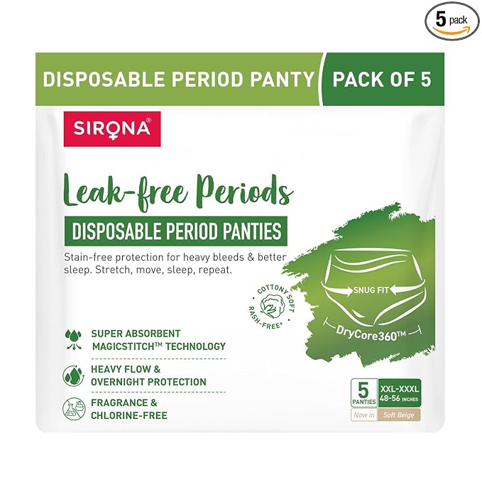 Sirona Disposable Period Panty for Girls & Women |XXL-XXXL | Pack of 5 | 360° Coverage for Stress Free Periods | Leakage