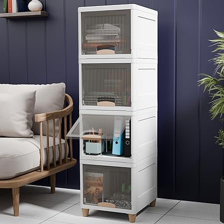 TEX-RO Foldable Plastic Wardrobe for Clothes | 4 Shelf Collapsible Almirah | Cupboard with Doors, Dustproof, Space-Savin