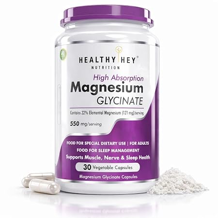 HealthyHey Nutrition Magnesium Glycinate High Absorption for Sleep, Cramps, & Nerves Health, 30 Vegetable Capsules